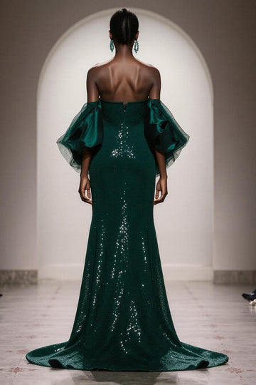 Sparkly Dark Green Strapless Mermaid Maxi Gala Dress With Puff Sleeves